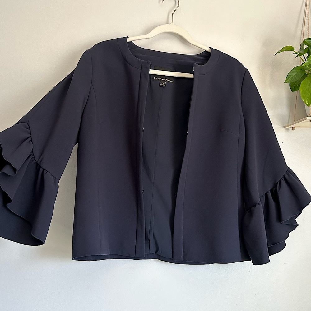 🩷BANANA REPUBLIC NAVY BLUE FLOUNCE SLEEVE BELL BLAZER JACKET SIZE 10 LARGE